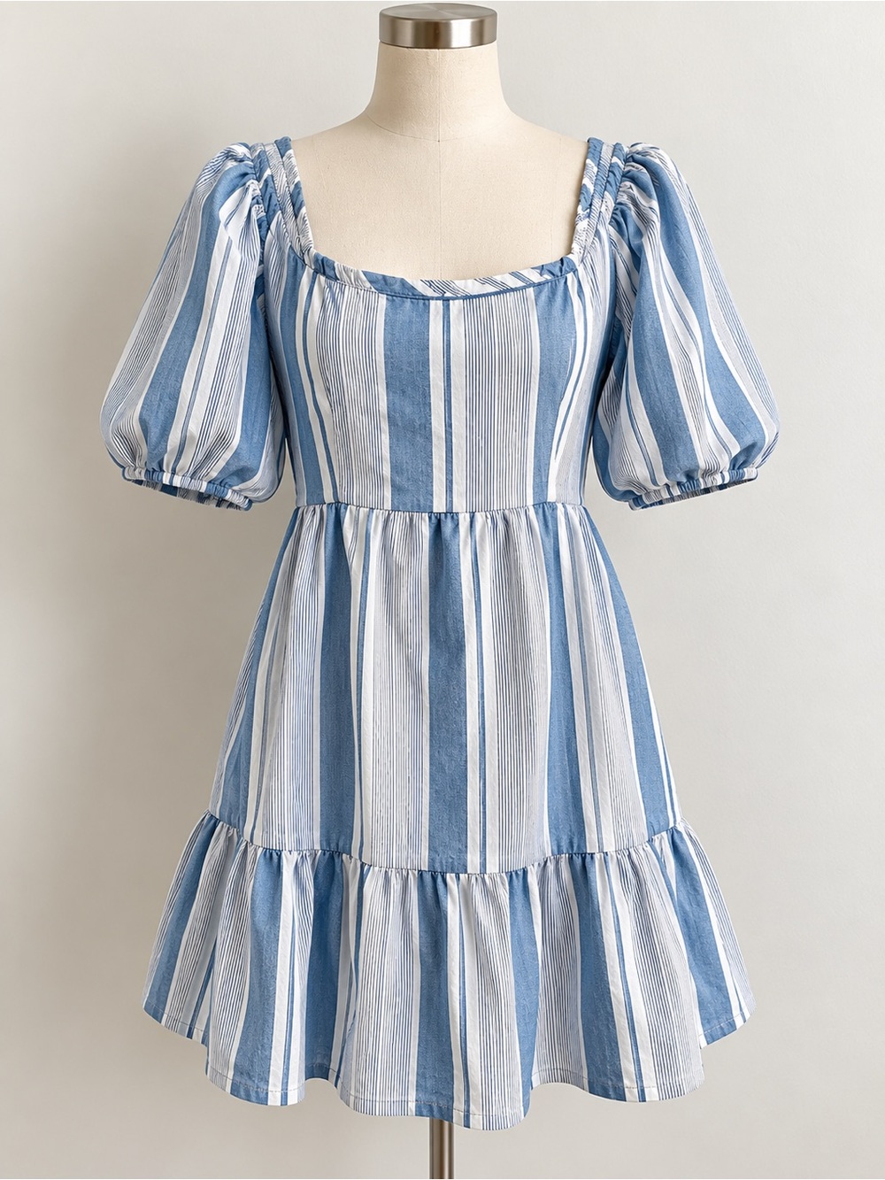 Vero Moda XL Blue & White Striped Puff Sleeve Open Back Dress